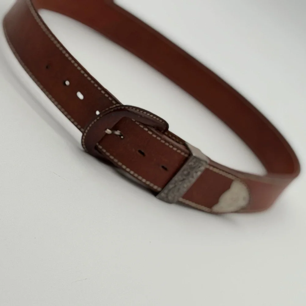 Vintage Hugo Boss Brown Leather Western Ranger Belt Silver Engraved Hardware 85